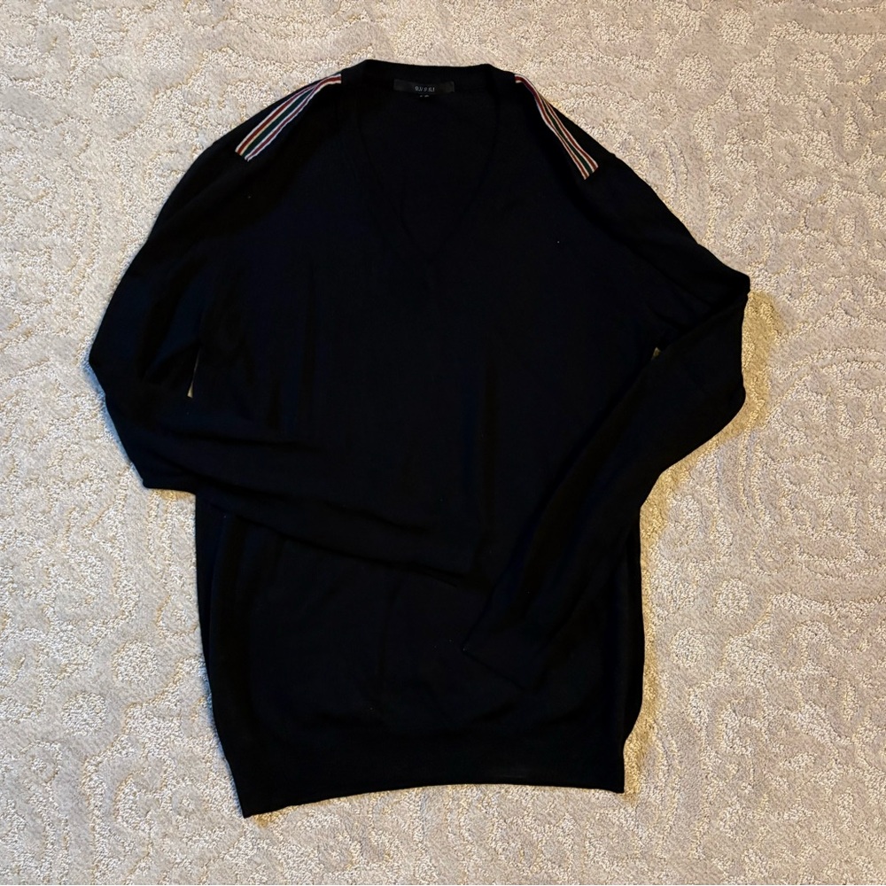 Gucci Black V-Neck Sweater with Striped Accents